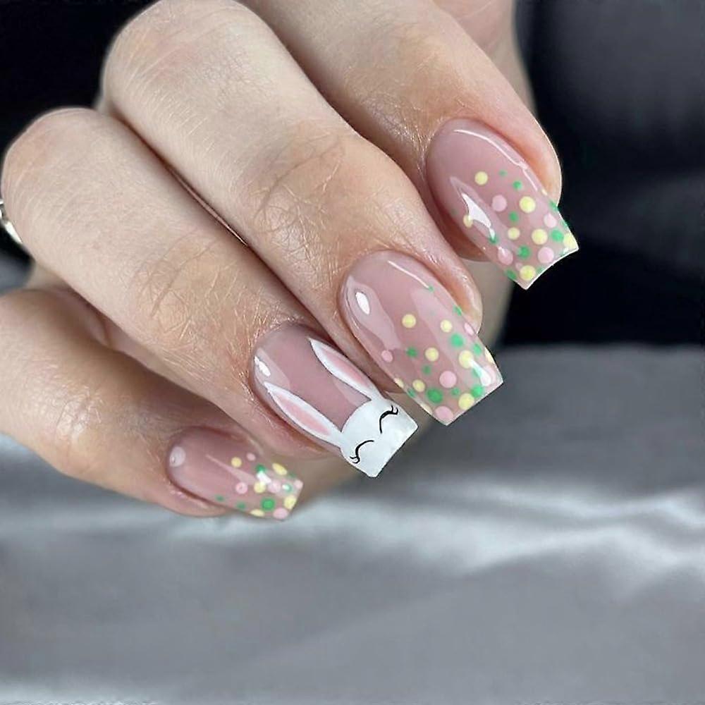 24Pcs Easter Press On Nails Medium Square Fake Nails Set with Cute Rabbit Design for Women