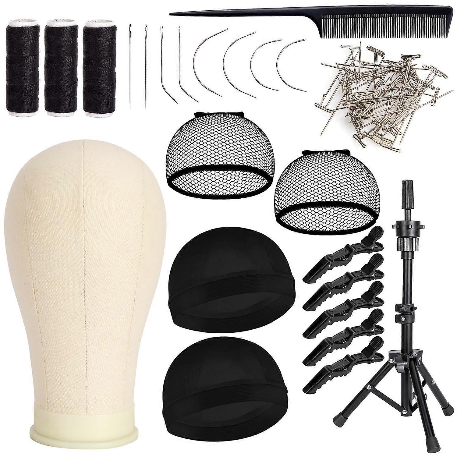 22 Inch Canvas Wig Head with Adjustable Stand for Wig Making Styling and Display White