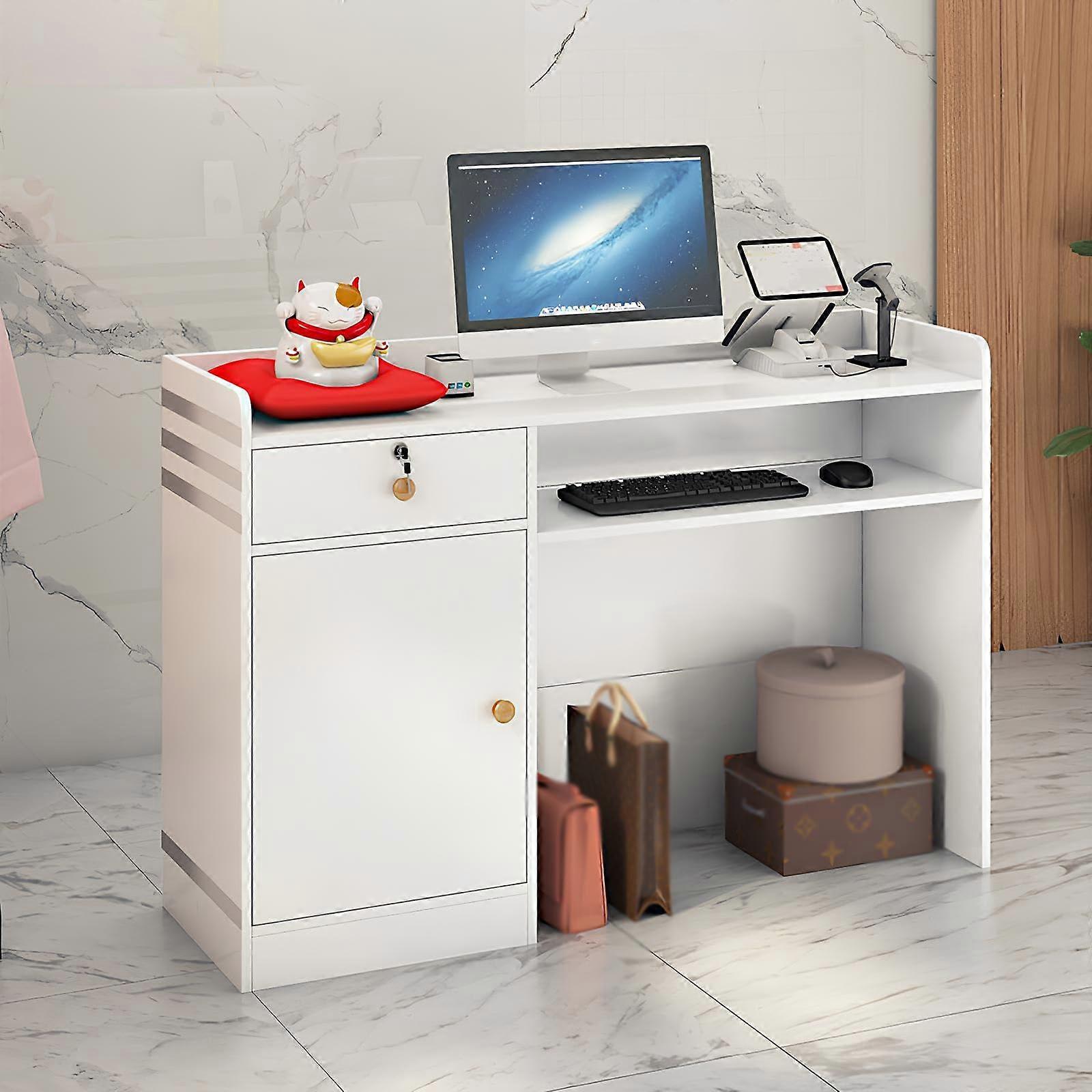 Large White Reception Desk with Lockable Drawer and Privacy Baffle for Office or Store Use