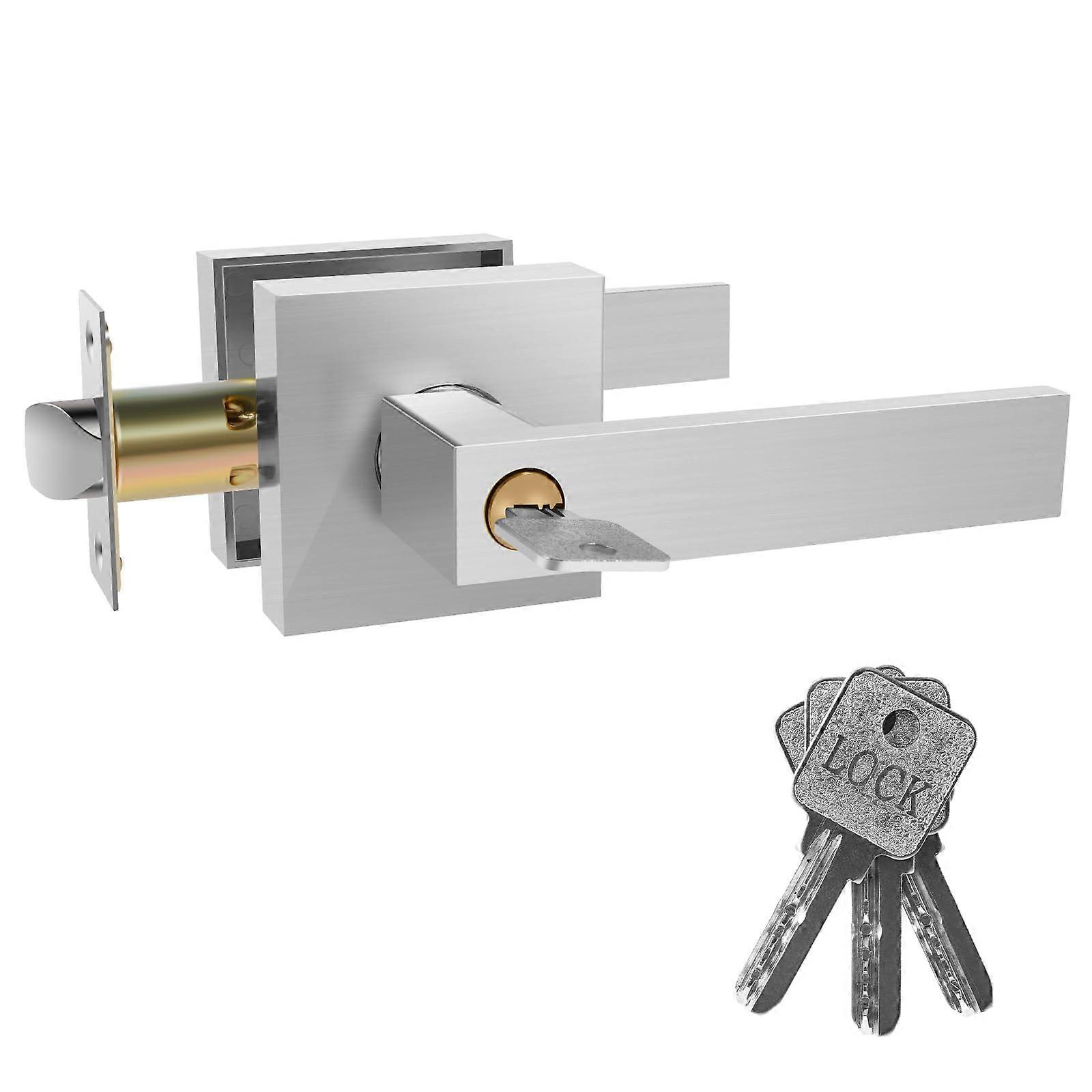 Front Door Lock Set with Keys, Silver Entry Door Handle Set,  Security Adjustable Latch