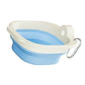 Ruimtebesparende opvouwbare drinkbak/voerbak voor honden, geschikt voor diverse buitenactiviteiten en avontuurlijke wandelingen, blauw en wit.