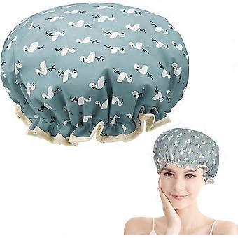 Women's double-layer shower cap - Waterproof and reusable elastic band - Flounced edges covering the ears for long, short and curly hair (blue bird)