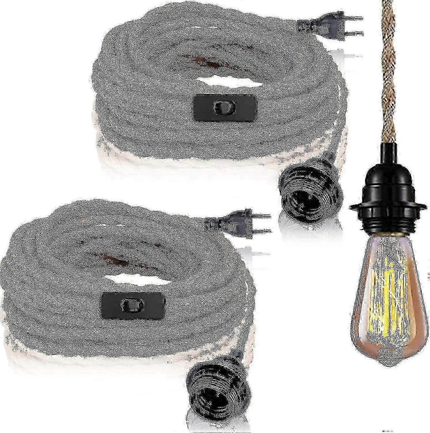 2 Pack Pendant Lights With Switch, Hemp Rope With 4.5m Cable, E27 Socket compatible with Hall, Kitchen, Dining Table, Bar (without Bulb)