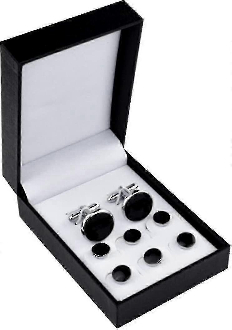 Black Silver Stainless Steel Cufflinks Studs Set
