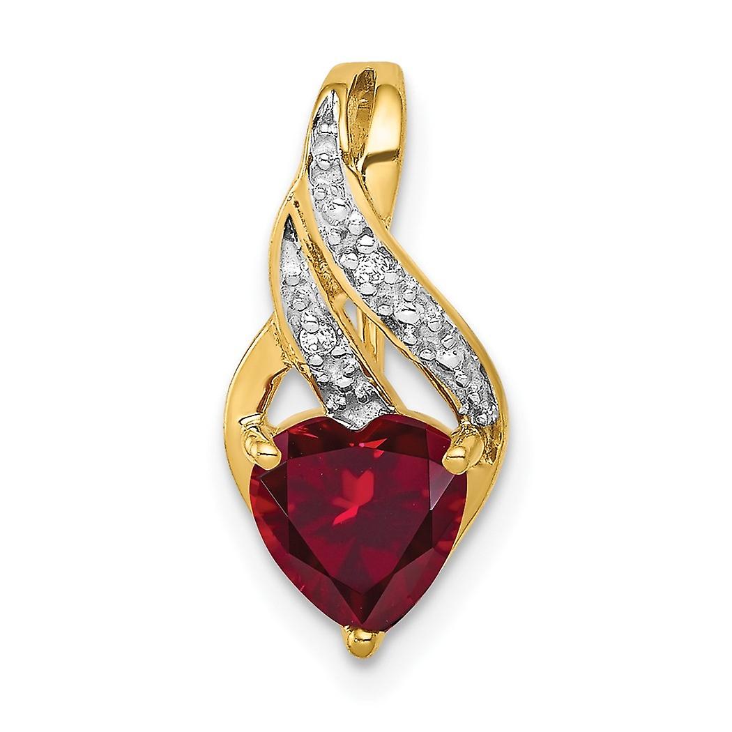 Collier pendentif cœur d'amour en or jaune massif 10 carats, diamants et rubis de synthèse, poli, pour femme