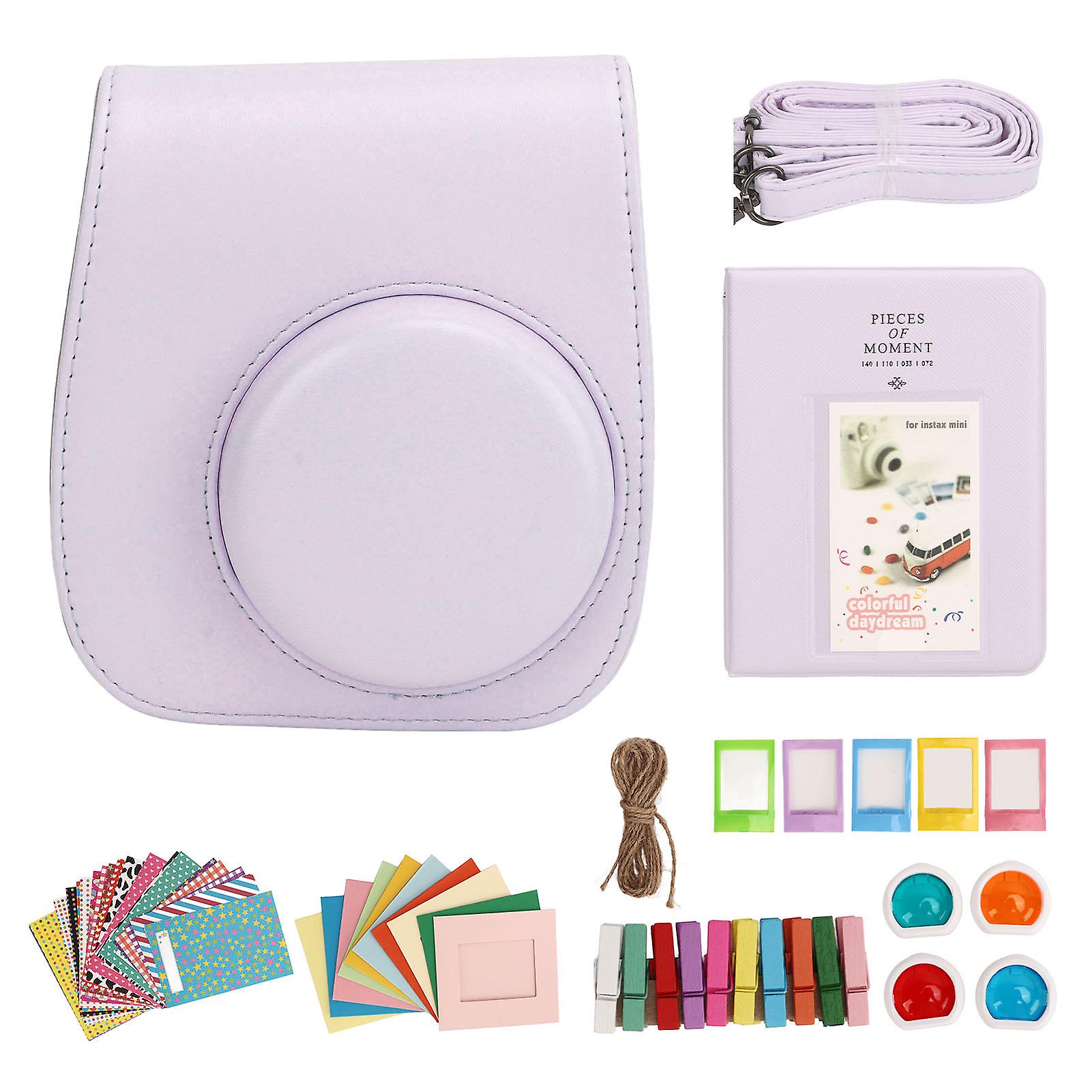 Mini Instant Camera Protective Bag PU Case for Fujifilm Instax Mini 12 with Album Filters Colorful Hanging Frames Stickers Purple