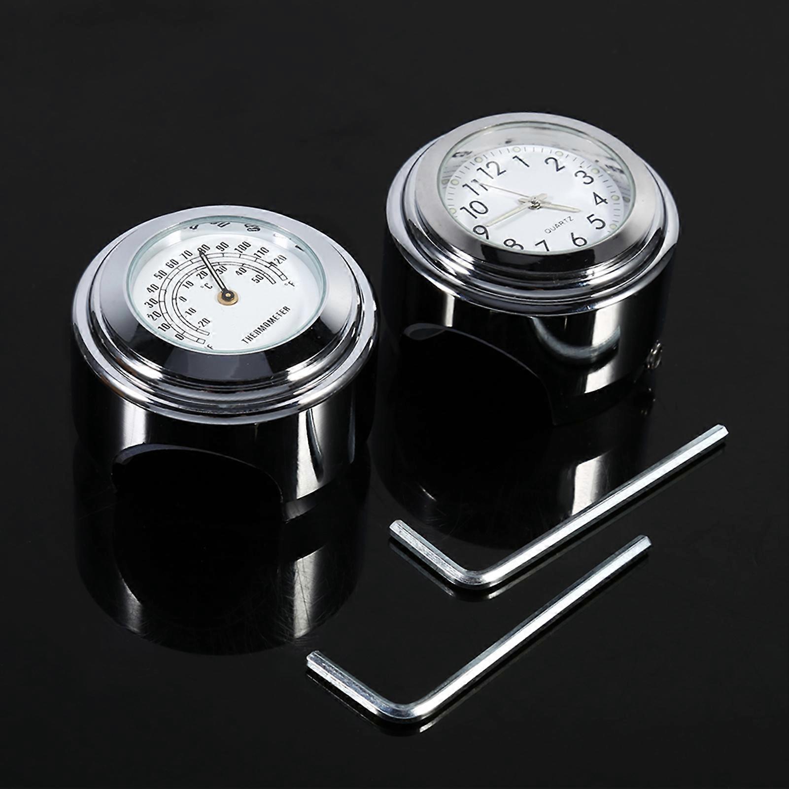 7/8" 1" Motorcycle Handlebar Mount Watch Dial Clock &amp; Thermometer Temp White