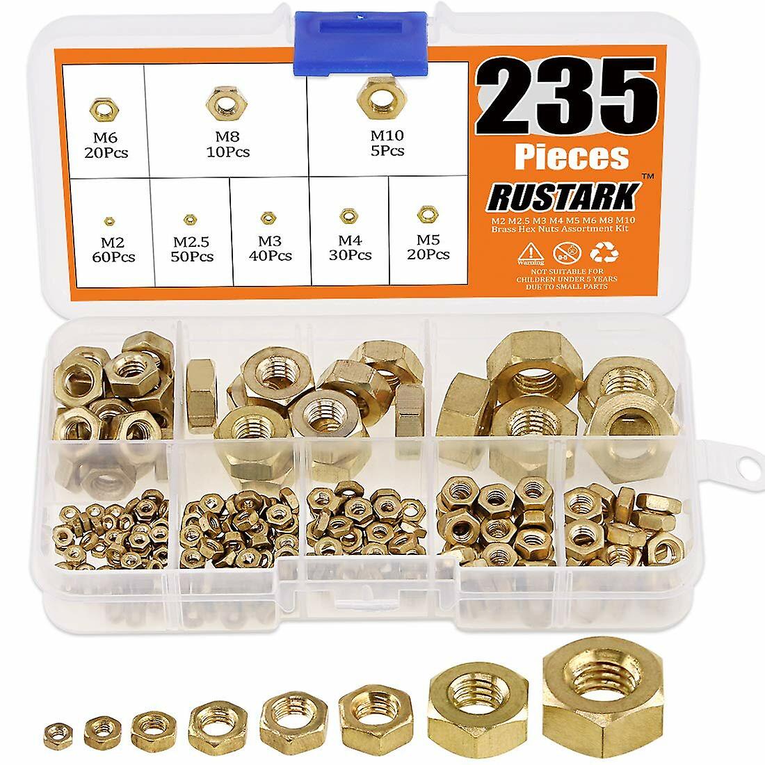 235Pcs M2 M2.5 M3 M4 M5 M6 M8 M10 Metric Grade 360 Brass Hexagon Hex Nut Assortment Kit