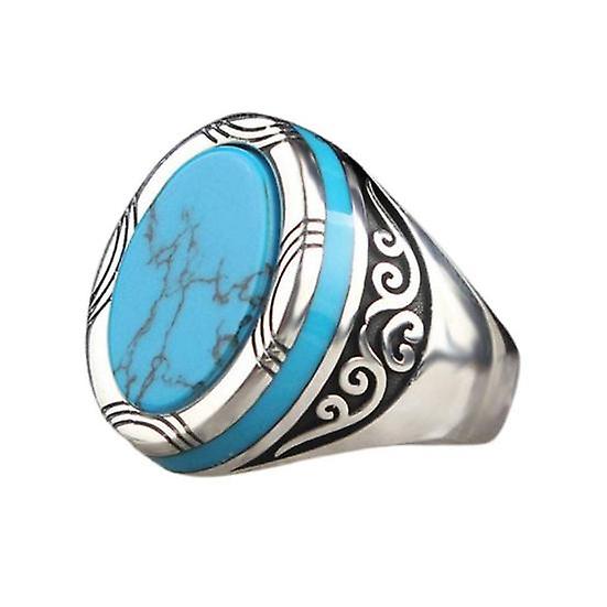 Electroplating Polishing Wide Men Ring Punk Retro Carved Pattern Faux Turquoise Ring Jewelry Accessories
