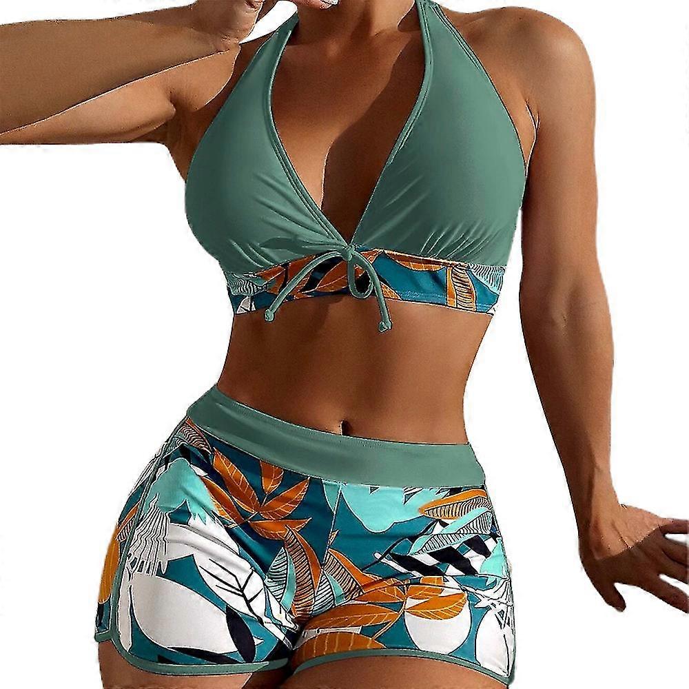 Dam Bikini Baddräkt Halterneck Tryck upp BH Badshorts Tvådelad Baddräkt Badkläder Strandkläder Baddräkt