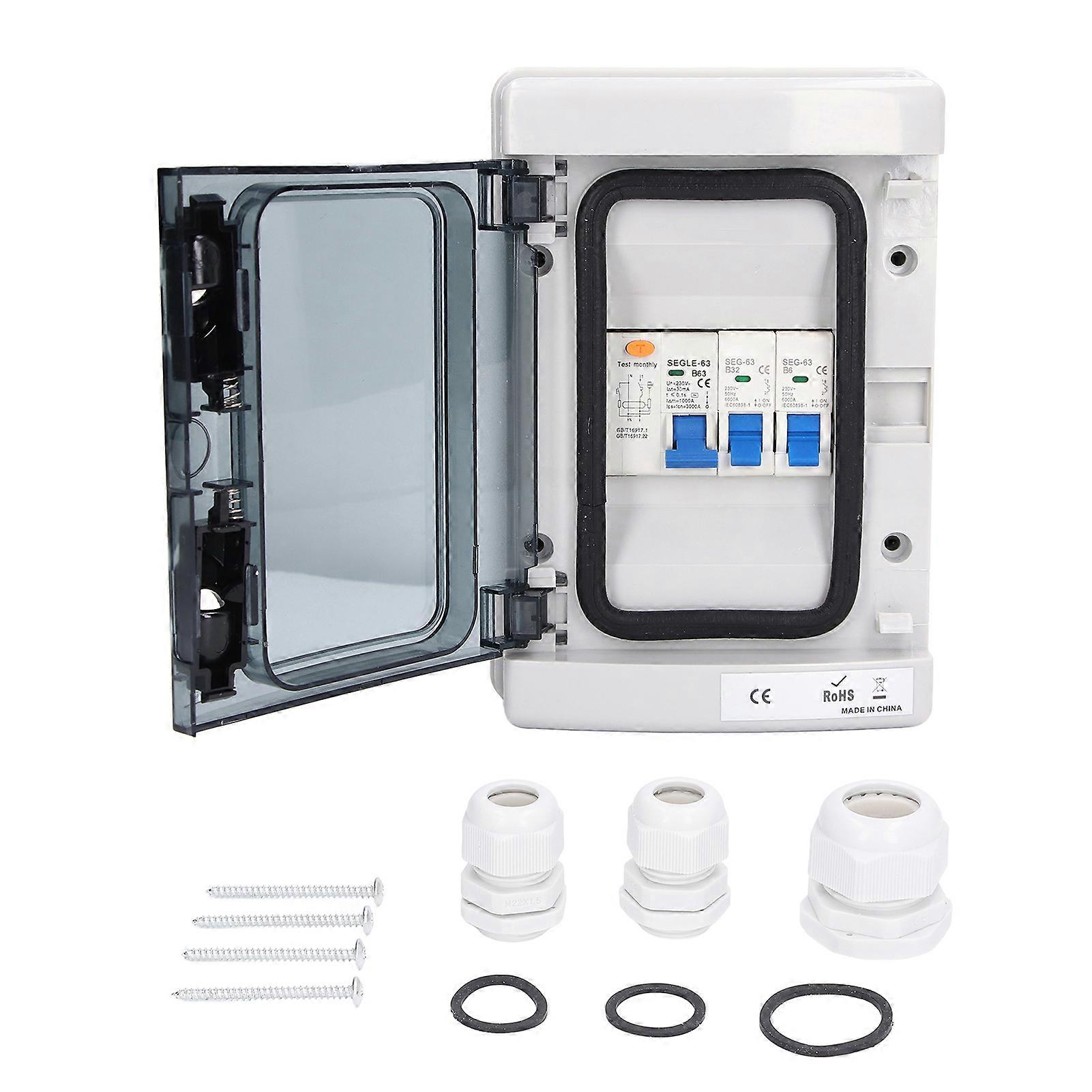 2 Way 230V Distribution Box EU Standard Waterproof 2MCB (B6A+B32A) RCD (63A 1P+N) B Breaker NO.7980