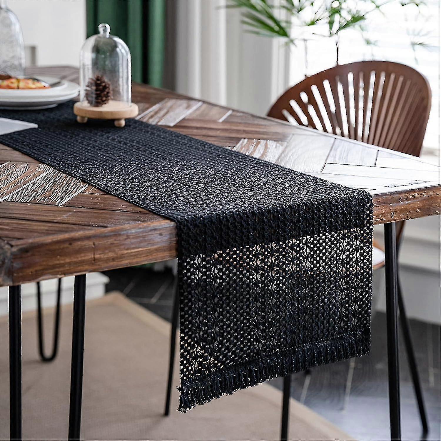 Black Table Runner Cream Linen Table Runner With Tassels, 30 X 180 Cm Hand Woven Cotton Table Runner Rustic Farmhouse