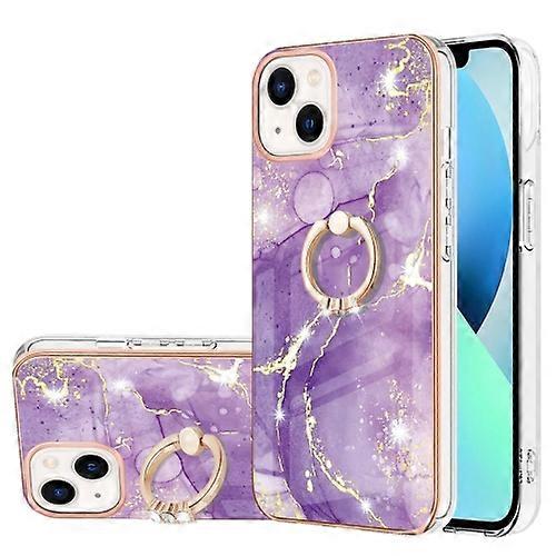 For iPhone 15 Electroplating Marble Pattern IMD TPU Shockproof Case with Ring Holder