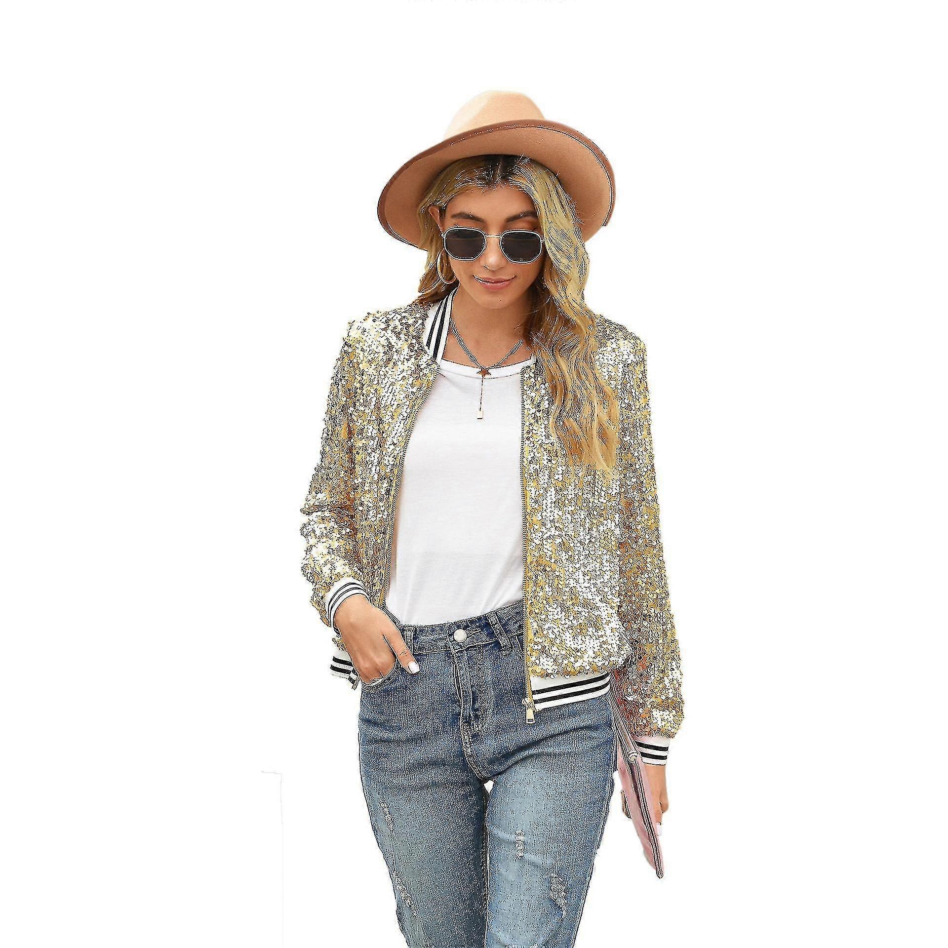 Women's Sequin Fitted Long Sleeve Zipper Blazer Bomber Jacket