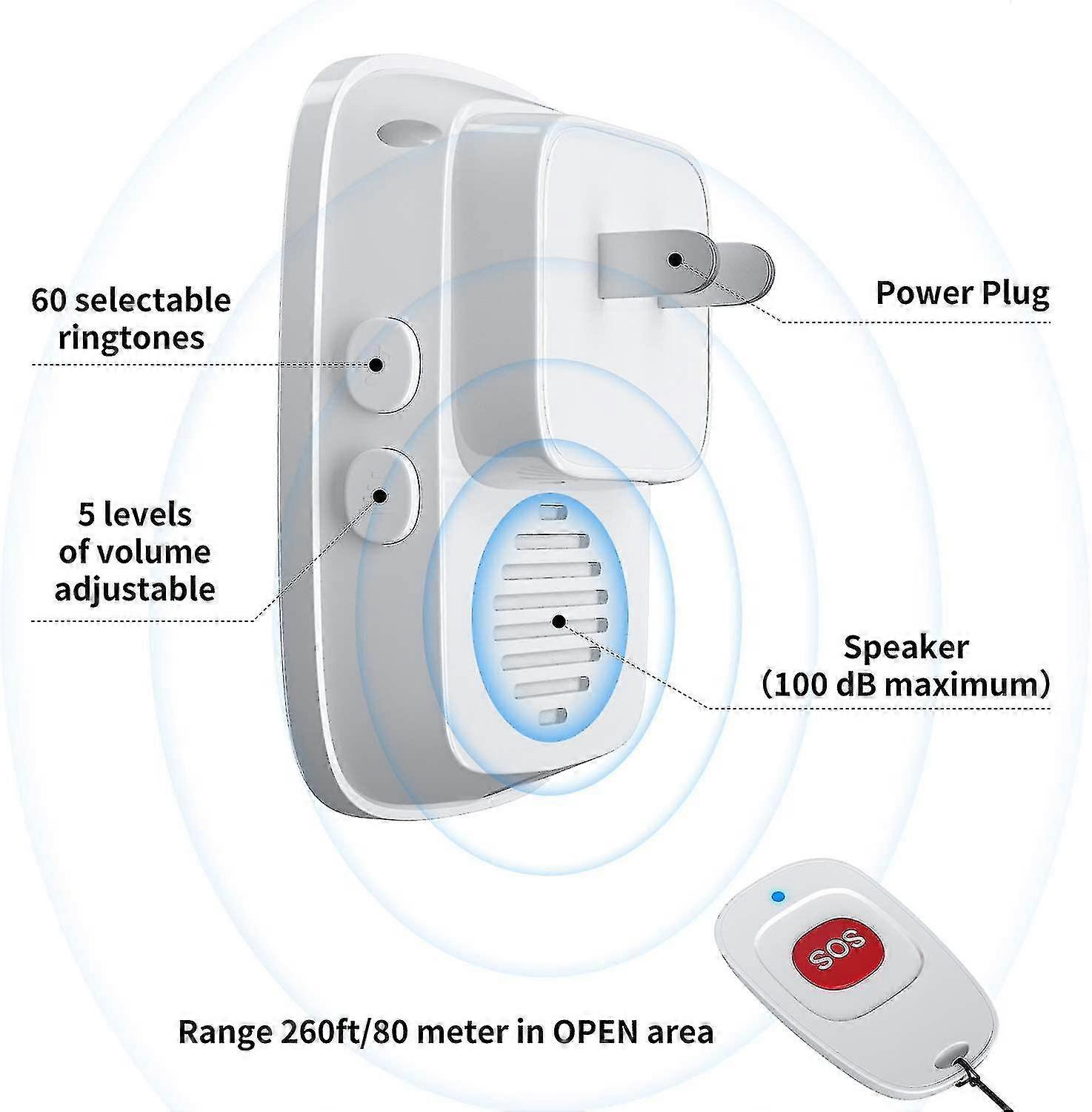 Caregiver Pagers Wireless Call Button For Elderly Patient Personal In Home Life Alert System For Seniors Range 260ft/80menter,60 Ringtones (1sos Butto