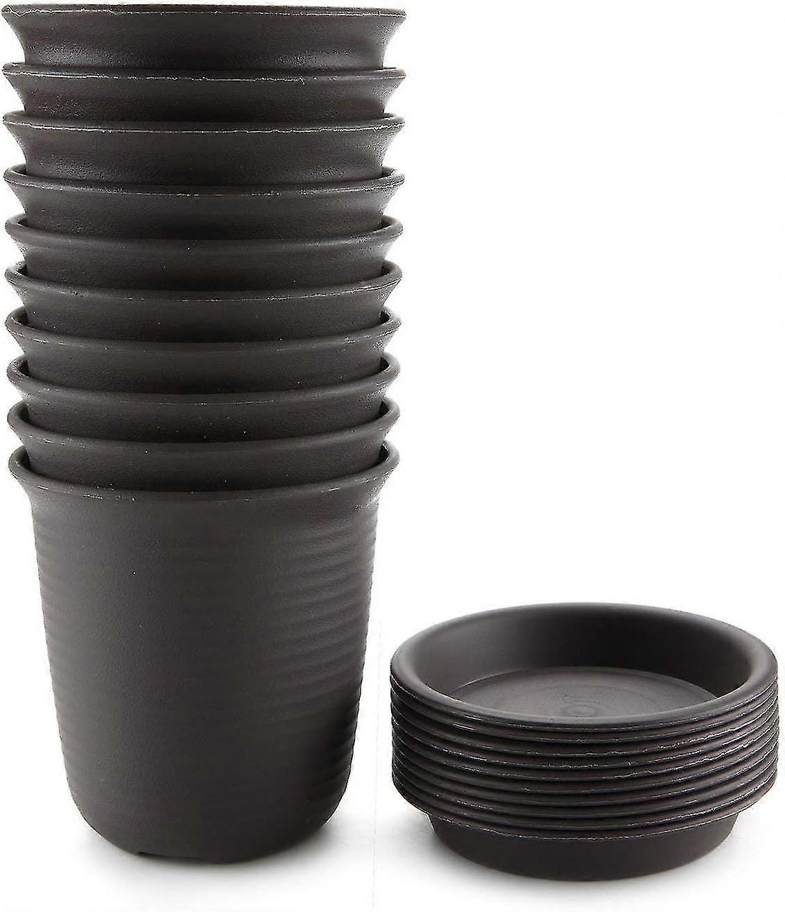 12cm Plastic Flower Pots With Tray Dark Gray - Pack Of 10