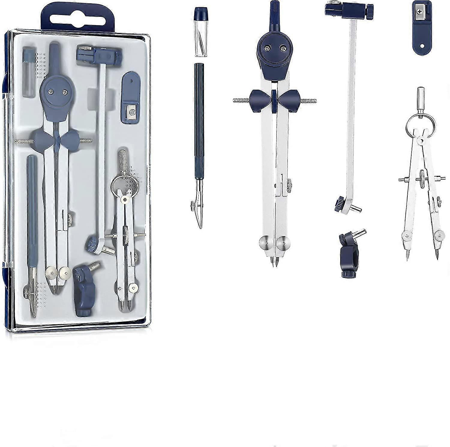 fong 7 pieces geometry set, including metal compass drawing tool scale ruler triangle ruler protractor and eraser, ge