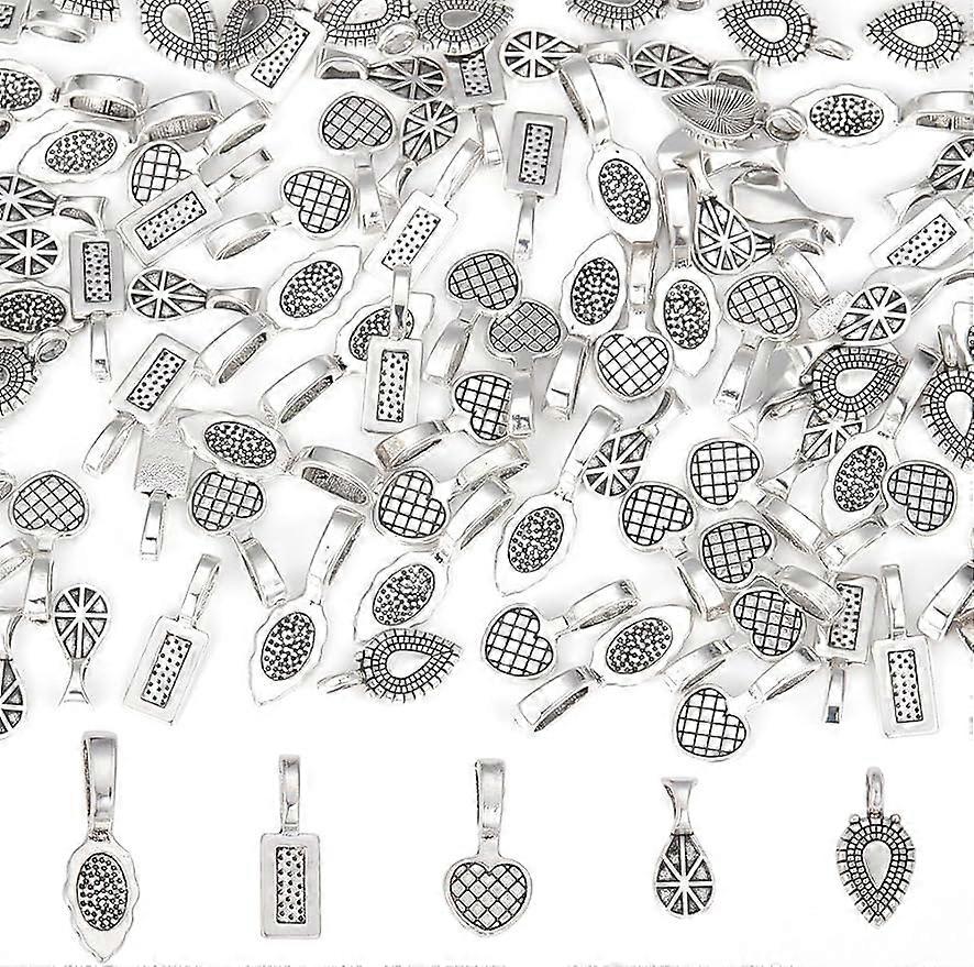 100Pcs Glue on Bails Mixed Tibetan Style Charms Alloy Assorted Flat Pad Bails Tag Charms for Jewelry Findings Crafting