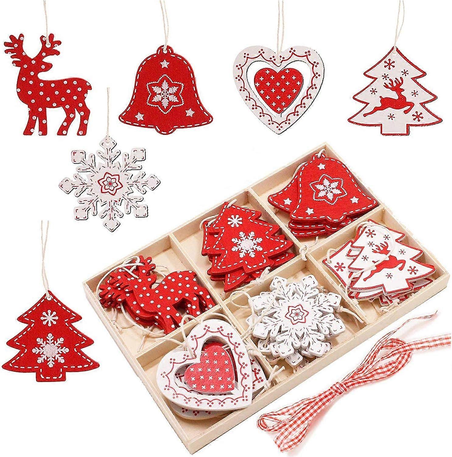 Wooden Christmas Tree Ornaments Set, 24 Pcs Wooden Christmas Tree Ornament Decoration DIY Crafts with Storage Box