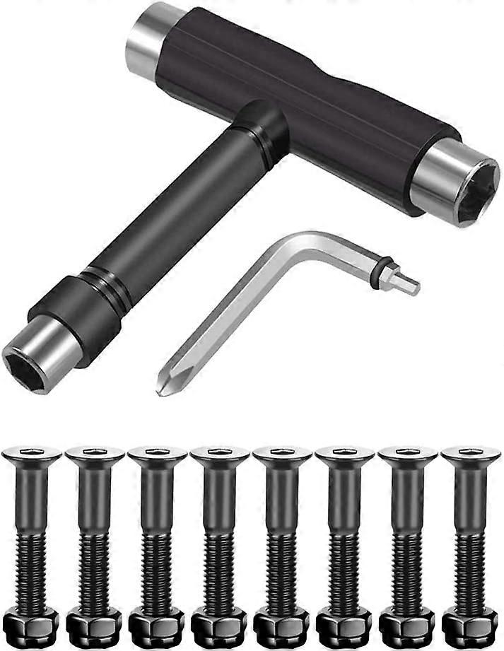 Skateboard Hardware 8 Piece Bolt Set and All-in-One Skateboard Tool Skateboard T Accessory with Tool L-shaped Phillips Wrench Screwdriver