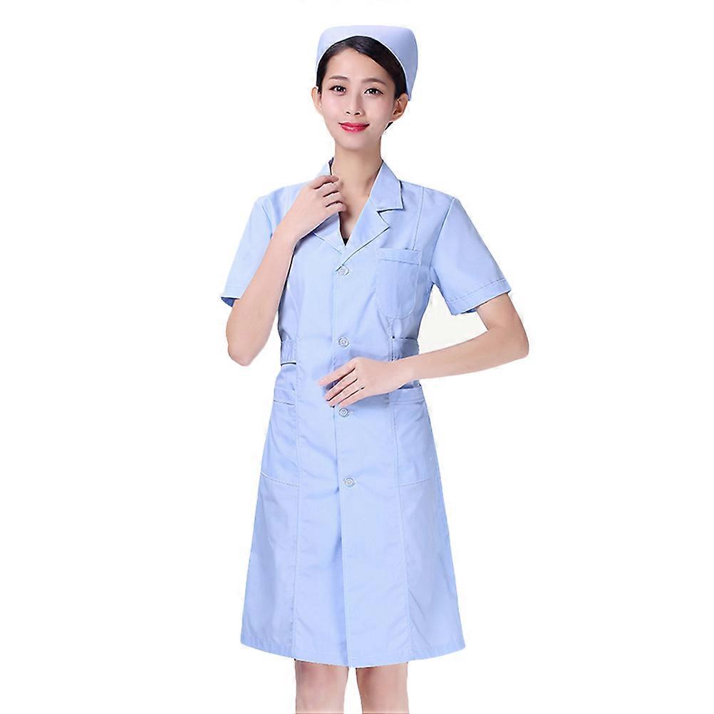 蓝色短袖制服美容师护理白大衣棉质医院服装衣服V领劳动服时尚服装药房大衣无帽