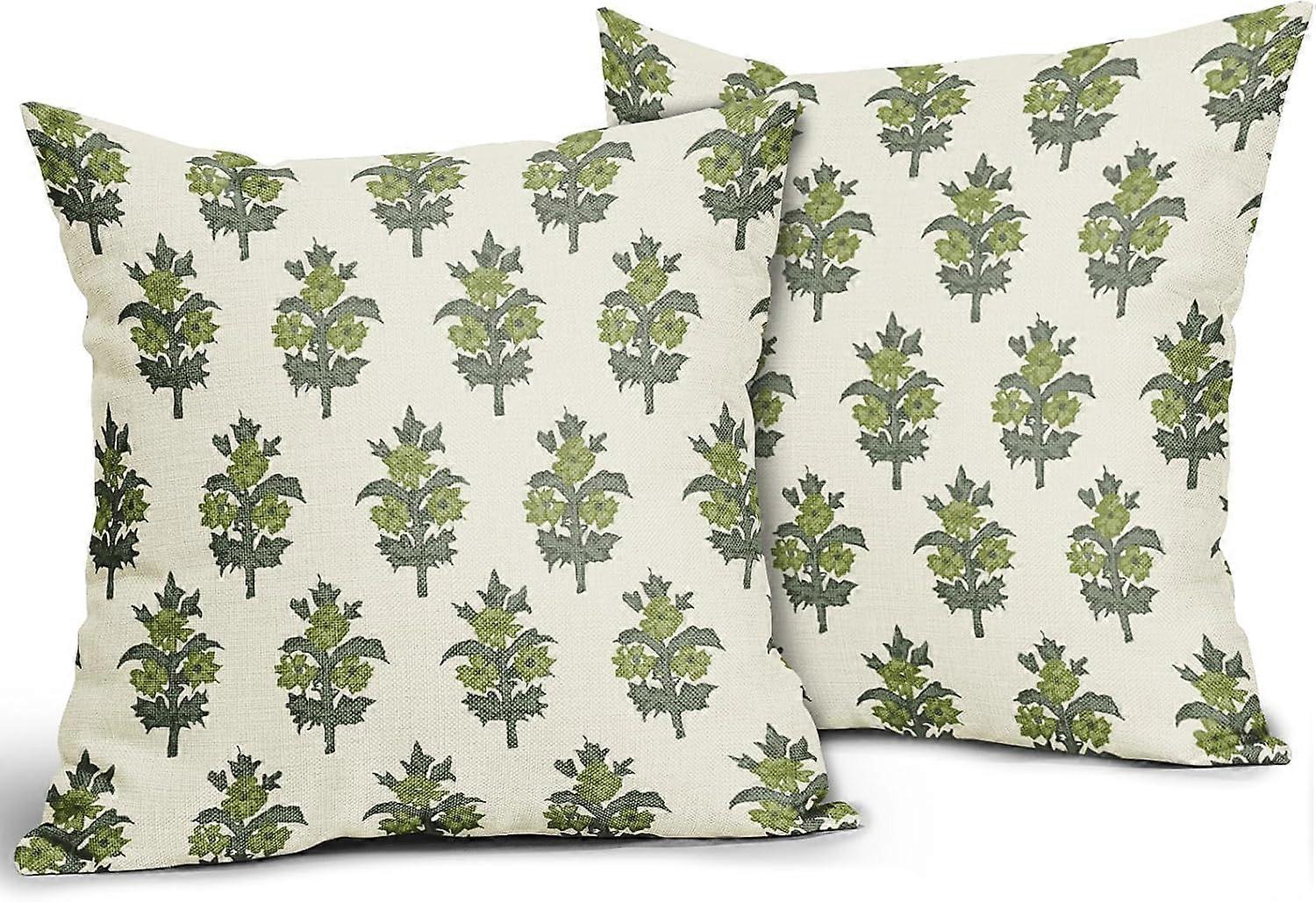 セージグリーン花枕カバー16x16 2個セット春夏の花の葉プリント装飾スロー枕ケースソファCの屋外農家の装飾