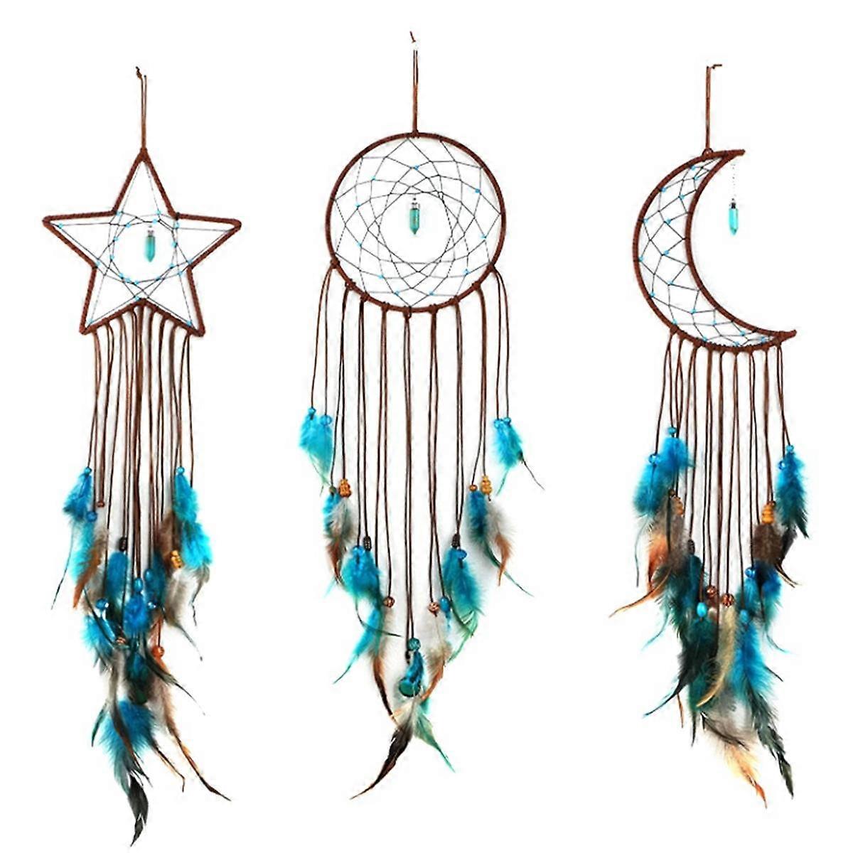 3 Pieces Dream Catcher with Light Moon Star Design Handmade Lucky Turquoise Pendant Beads Wall Hang