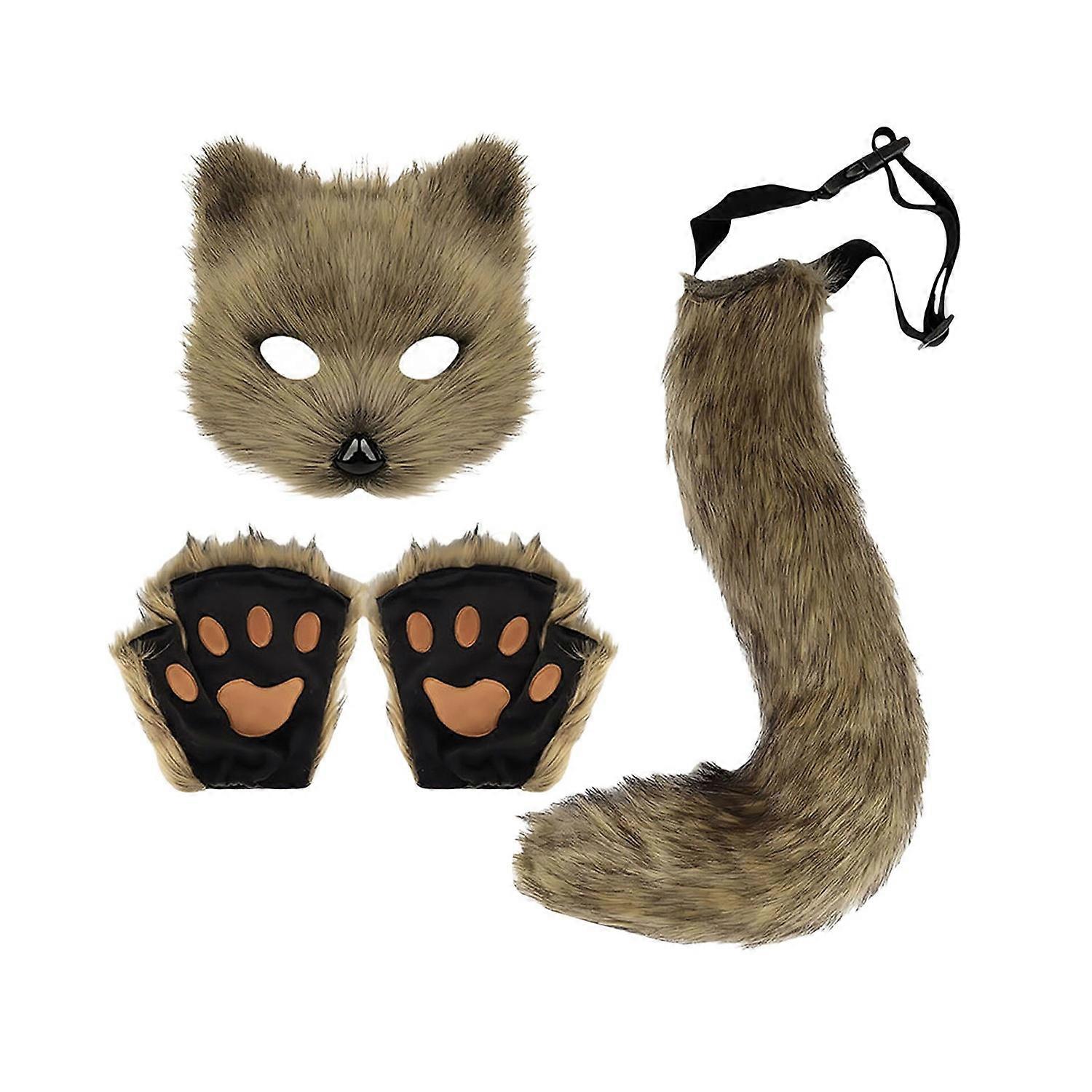 1 Set Cosplay Fake Fox Tail Mittens Masque Set Soft Fuzzy Plush Adjustable Waist Circumference