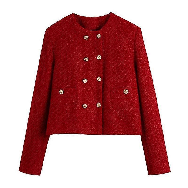 Autumn and Winter Women's Textured Round Neck Double-breasted Slim Suit Jacket