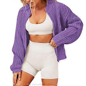 Women Knitted Short Coat Zipper Closure Round Neck Loose Fitting Long Sleeves Sweater Jacket Purple L