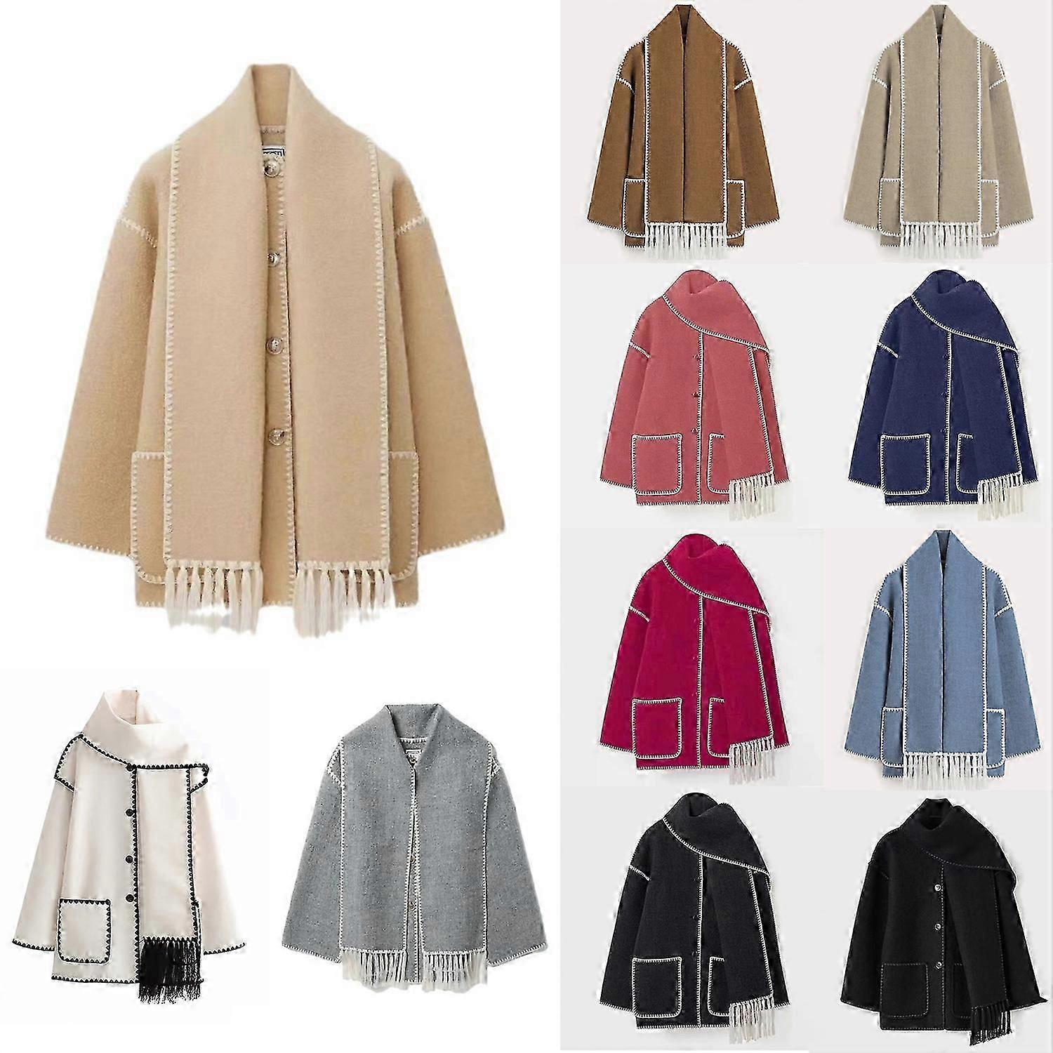 Elevate Your Winter Style With Women's Patchwork Wool Blend Coat - Featuring Button Detail, Fringed Scarf, And Chic Design