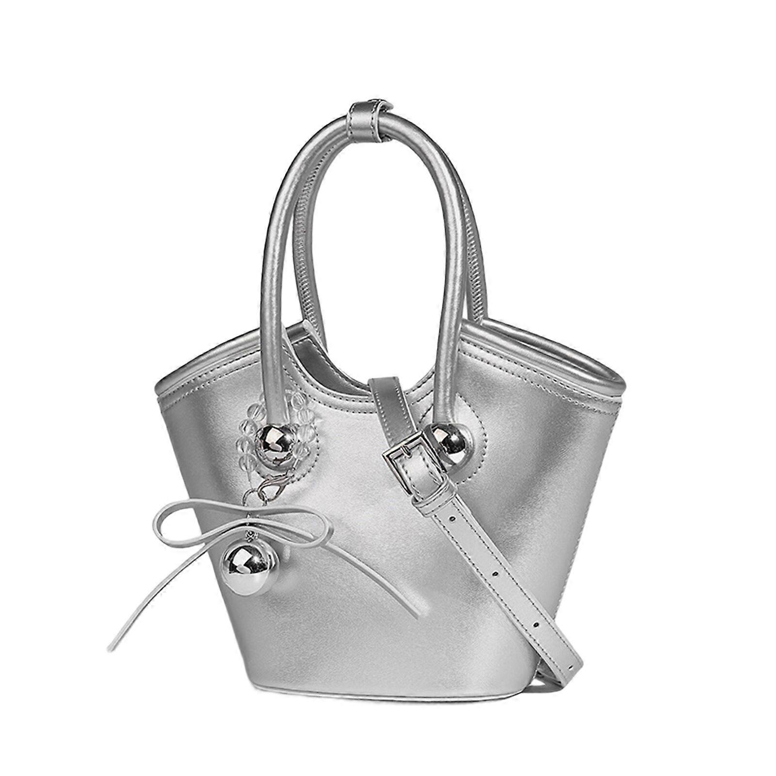 Stylish And Practical Basket Shaped Single Shoulder Bag Crossbody Purse With Decorative Pendant For Various Occasion Silver