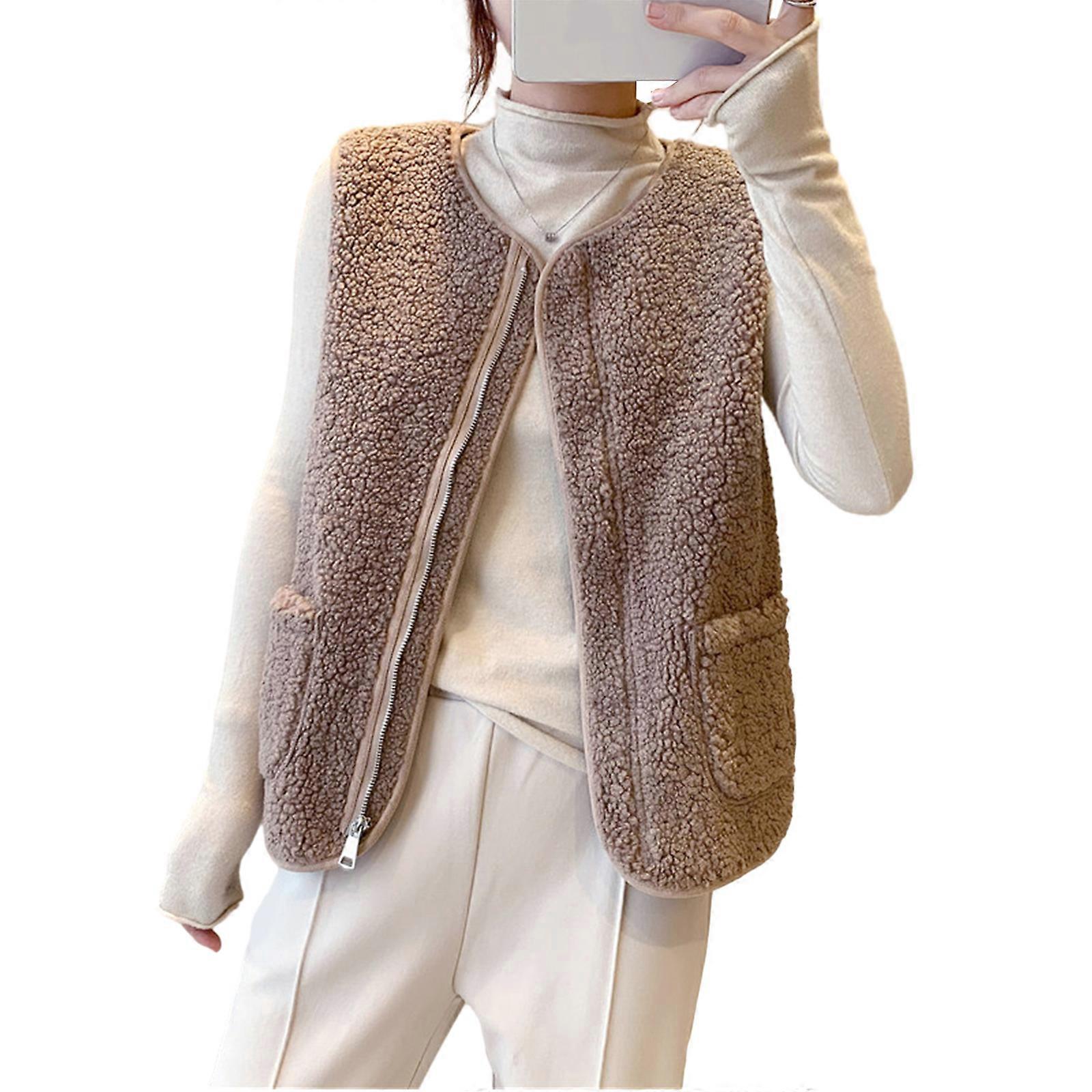 Womens Fuzzy Sherpas Fleece Jacket Lightweight Vest Open Front Sleeveless Cardigan Waistcoat Outerwear with Pockets Khaki XL