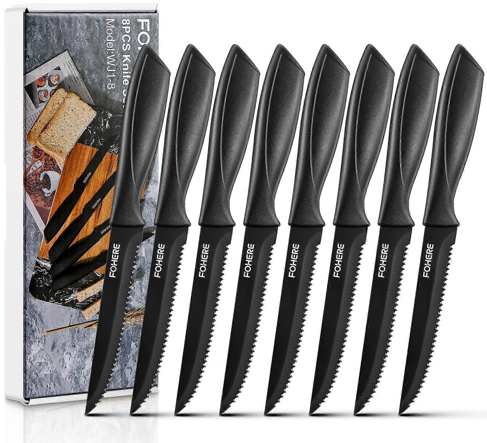 8 Set Stainless Steel Serrated Black Steak Knives for Holiday Dinner, Sharp Blades, Comfortable Grip, Dishwasher Safe