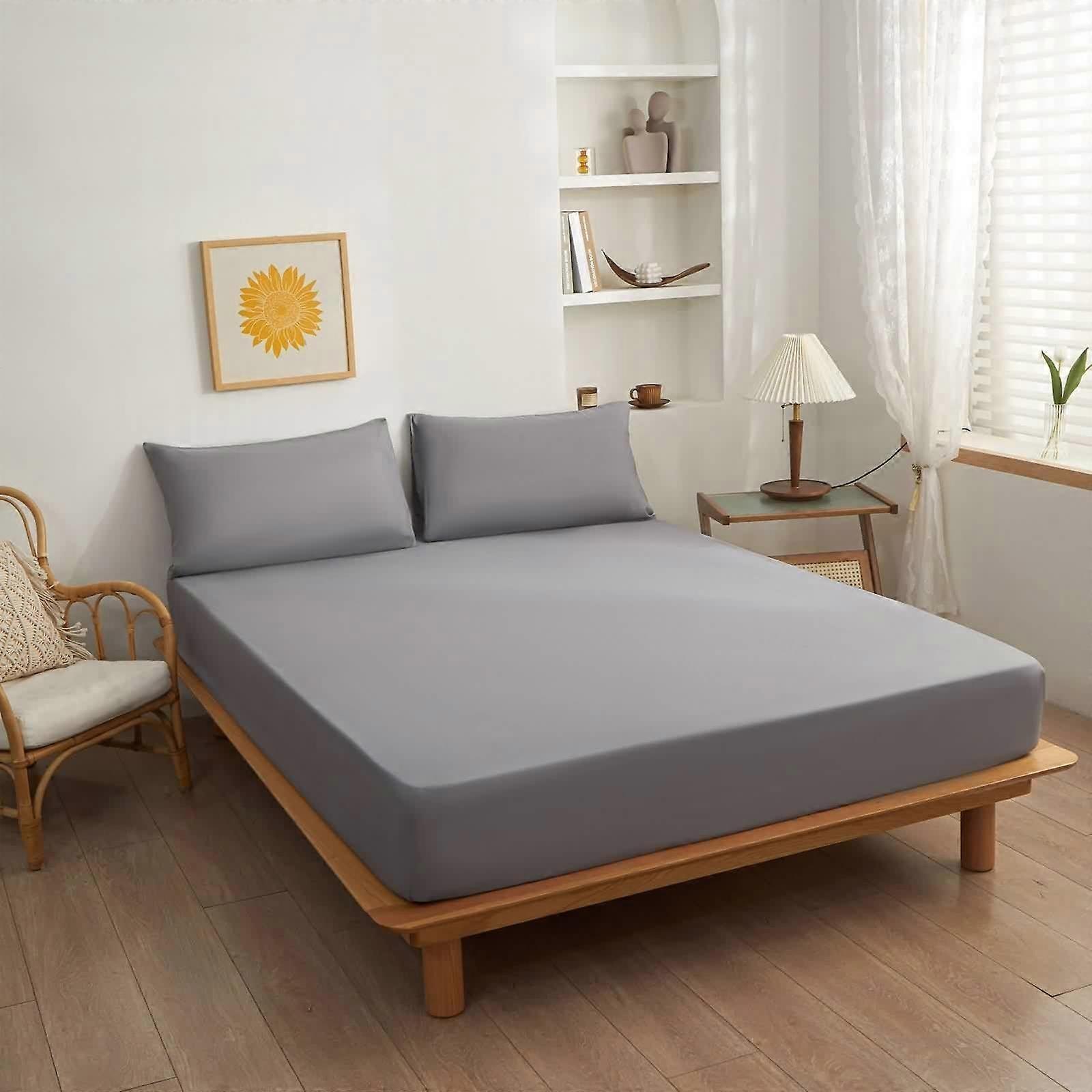 Gray Solid Color Polyester Cotton Soft Comfortable Fitted Sheet for Full Size Bed 78L x 53W Inch