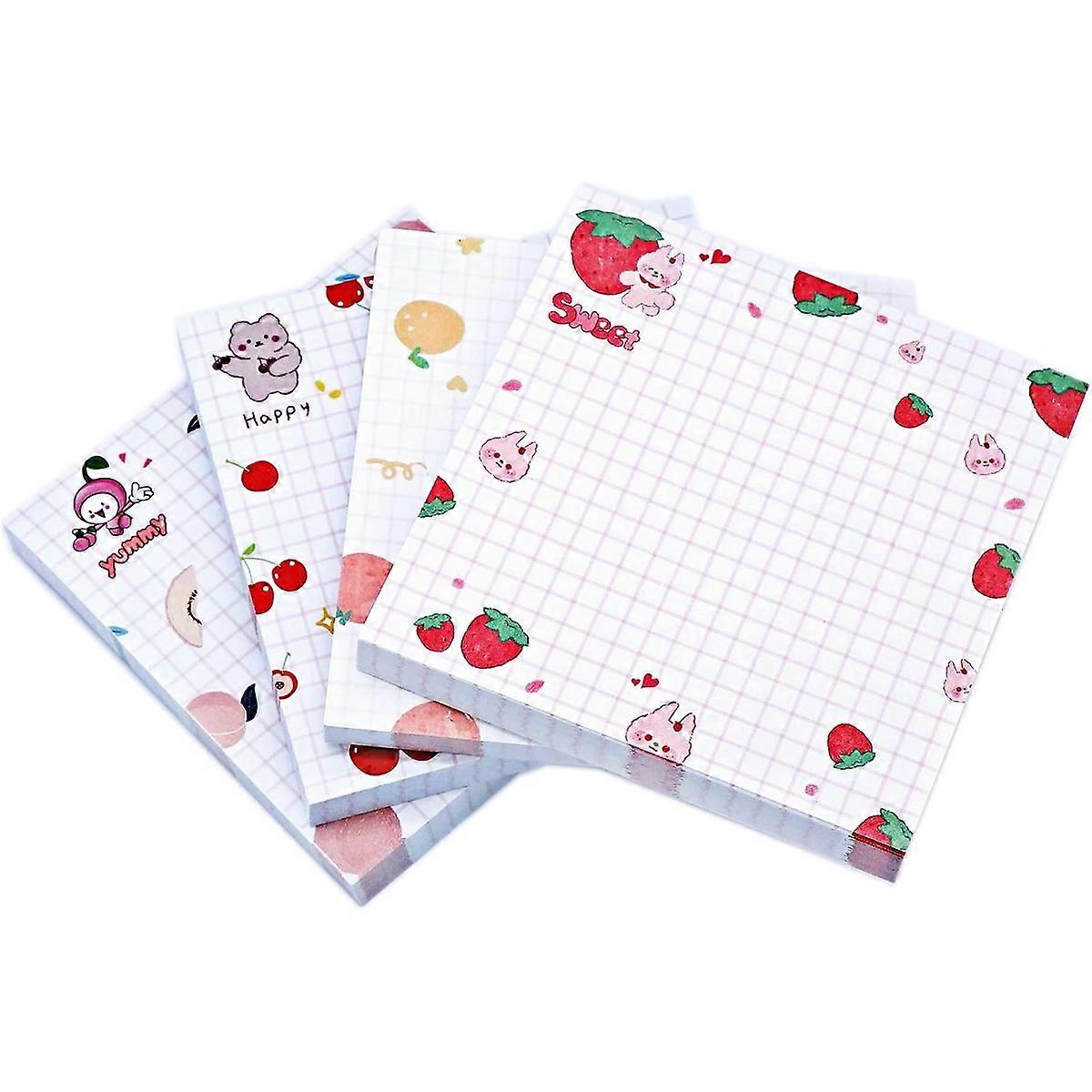 Creative Kawaii Notepad, Checkered Sticky Notes Adhesive Memo Pad for Smooth Surfaces, 4 Different Designs in 8 X 8 Cm / 3.15 X 3.15 Inches Size,