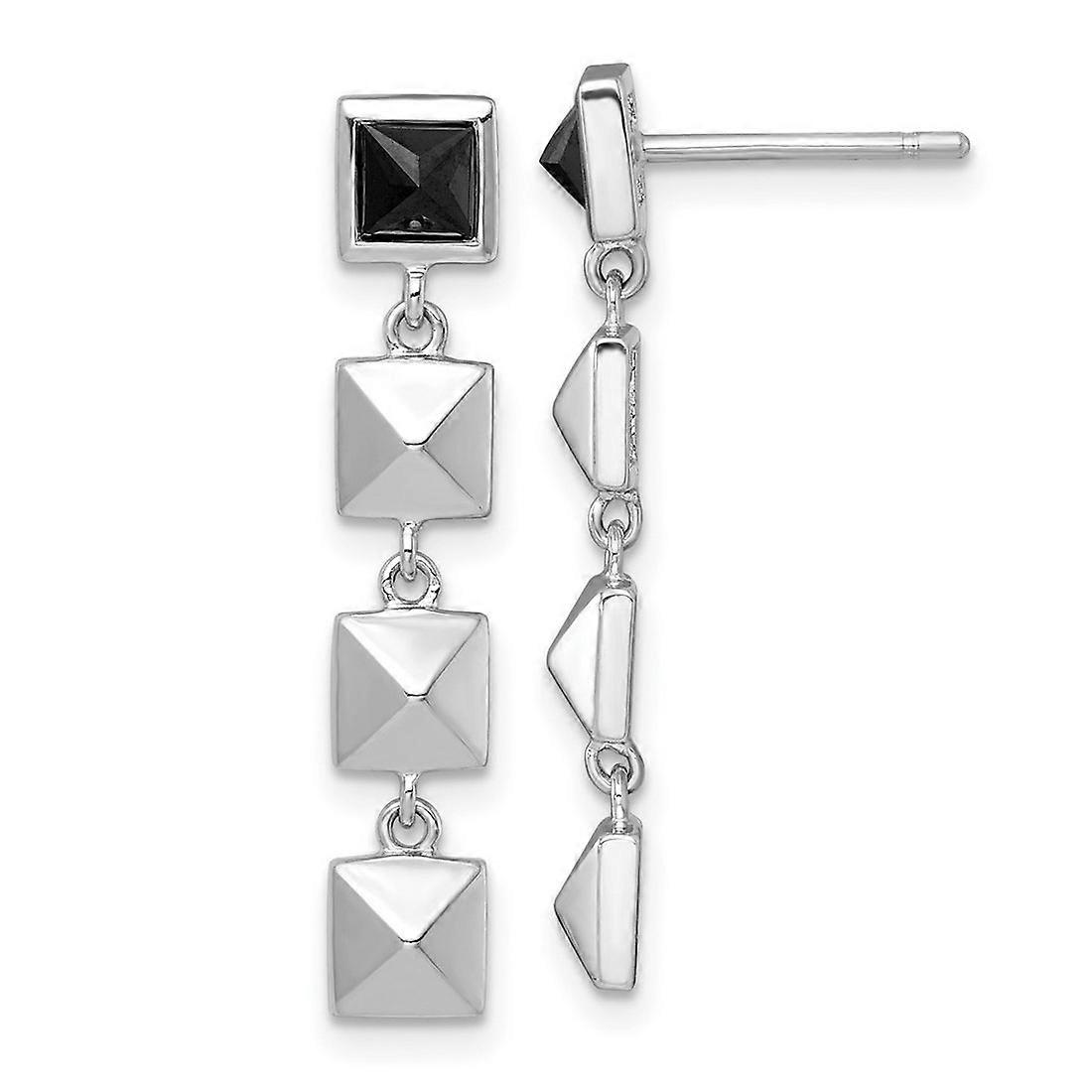 Rhodium Plated Polished Squares Black Cubic Zirconia Post Long Drop Dangle Earrings-Dangle Earring for Women