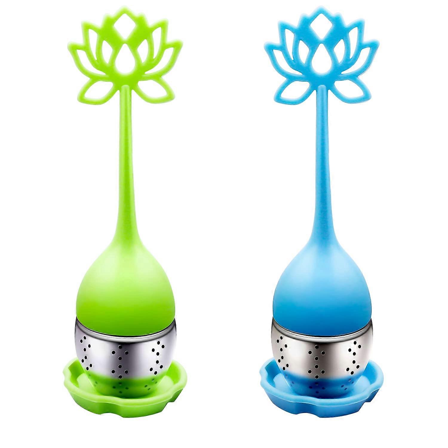 Tea Infuser Silicone Tea Strainer Filter Ball with Lid and Saucer Set, 2 Pieces in Green and Blue for Cups