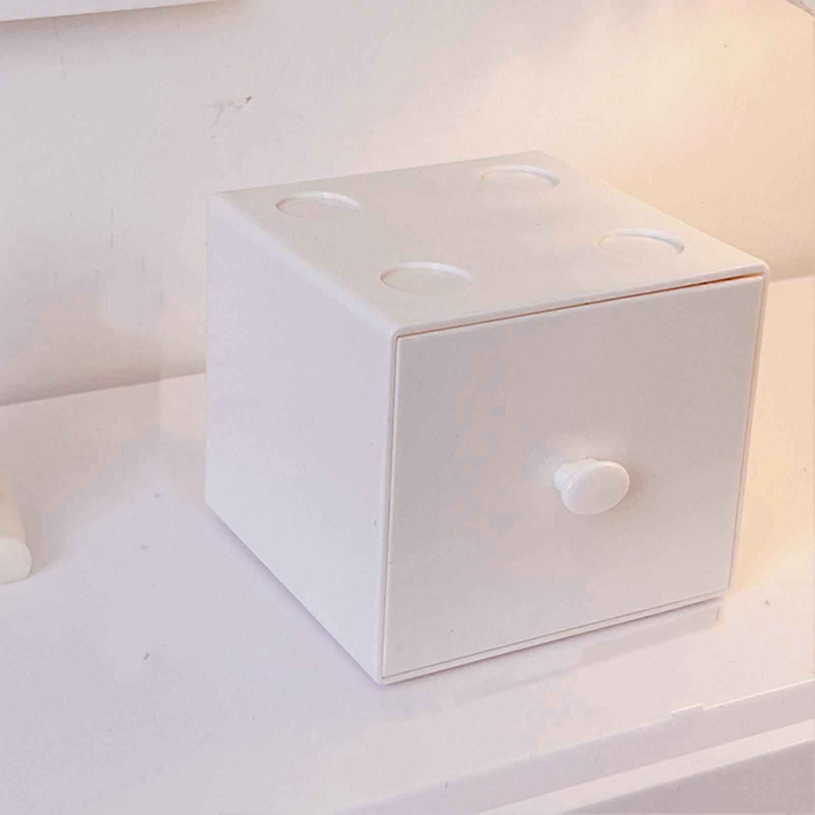 Desktop Storage Box Plastic Stackable Square Desk Organizer with Drawer for Home Paper Clips Office Supply Accessory White 