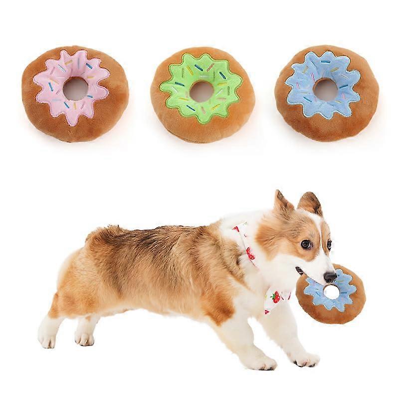 Plush donut chew toy, soft squeaky puppy teething toy, 3 pieces, durable, washable