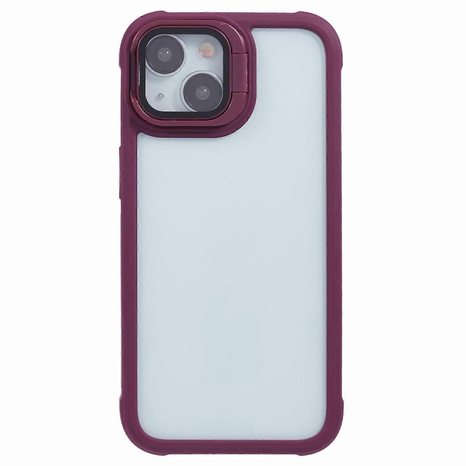 For iPhone 15 Case Lens Frame Kickstand PC + TPU Clear Phone Cover - Wine Red