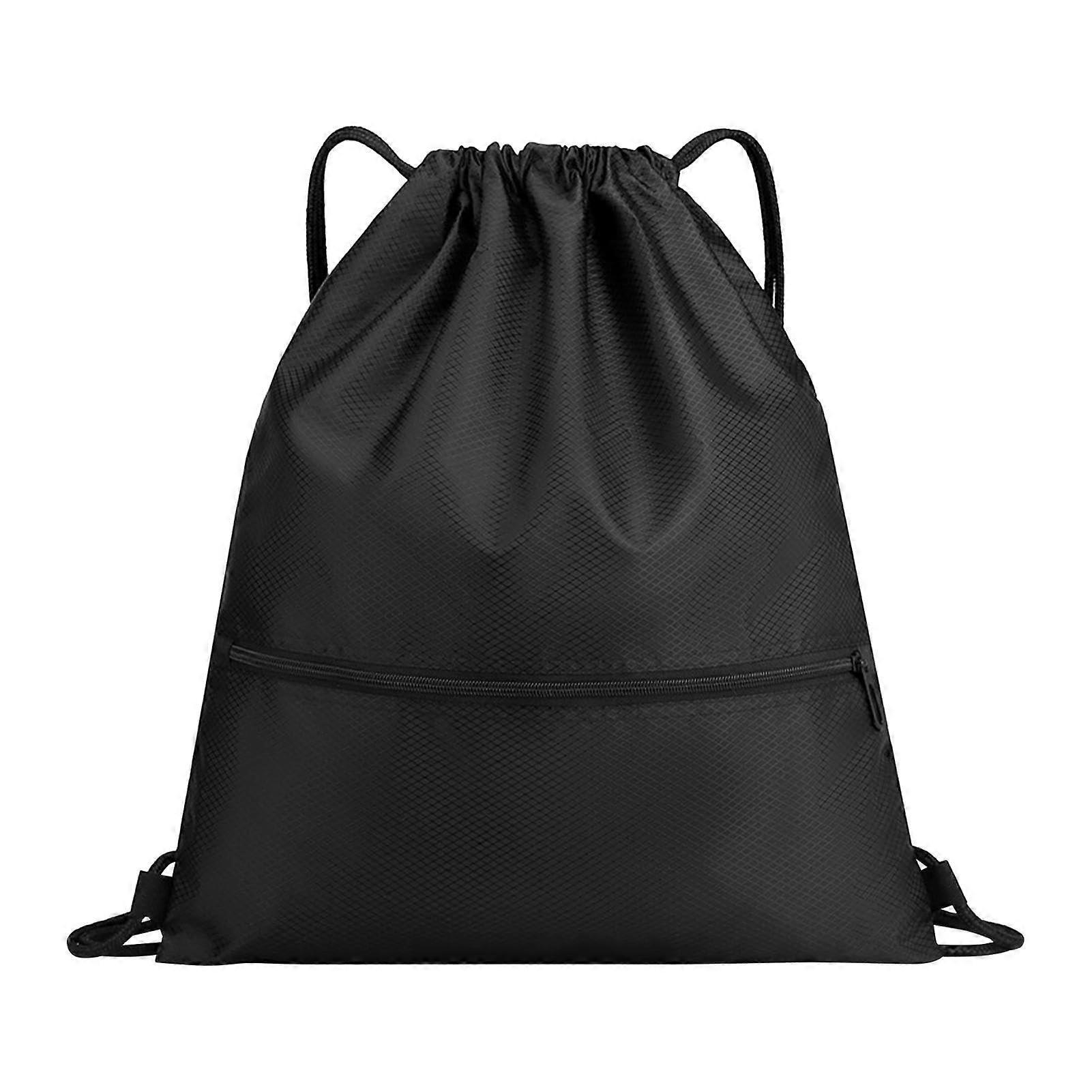 1个抽绳背包套装,健身包,男女通用运动包,带外拉链,防水可调节健身包,内置口袋,适用于运动,旅行,学校,海滩,黑色