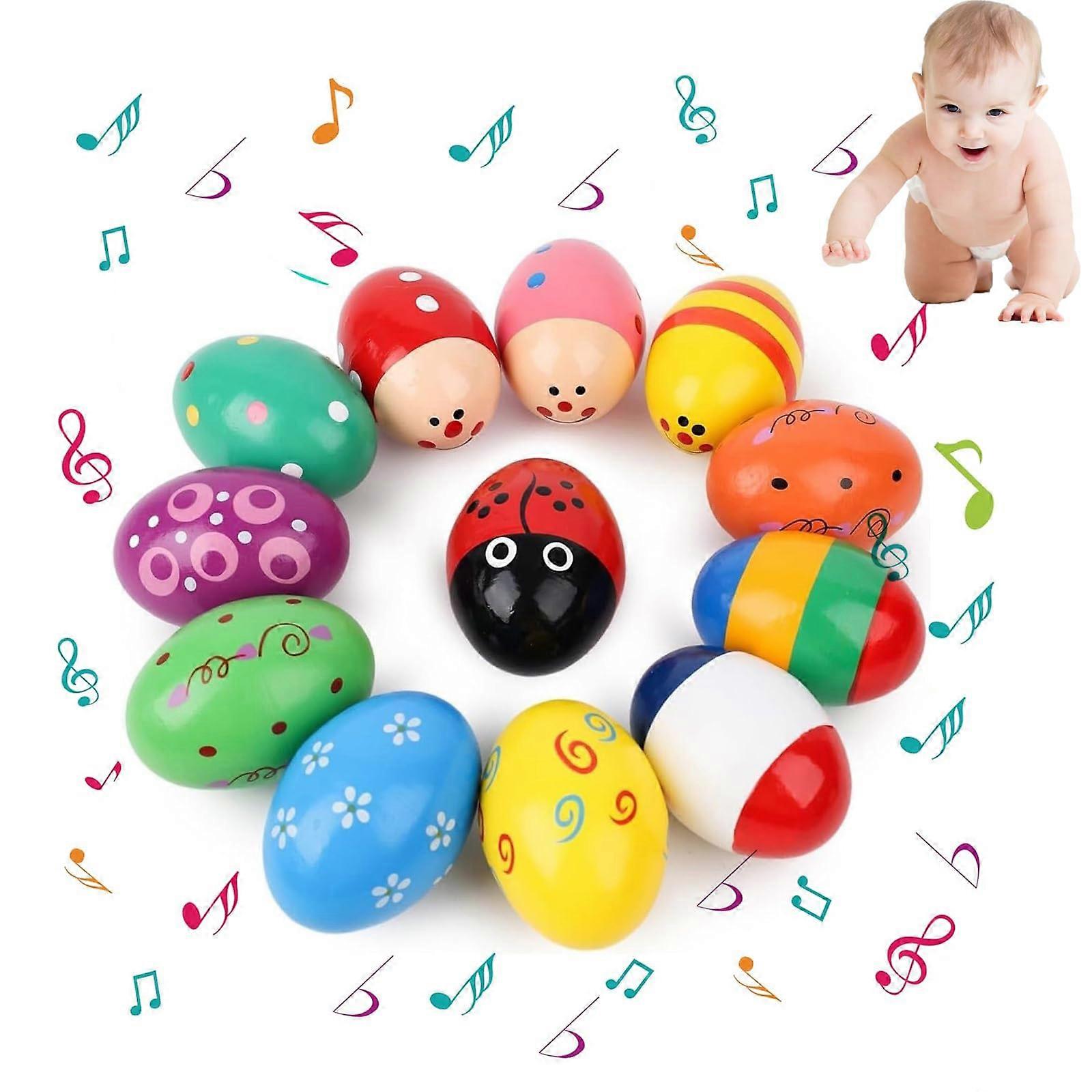 Baby Rattle Eggs - Pack of 12 Wooden Egg Maracas for Children, Shaker Eggs for Parties and Schools, Random Styles