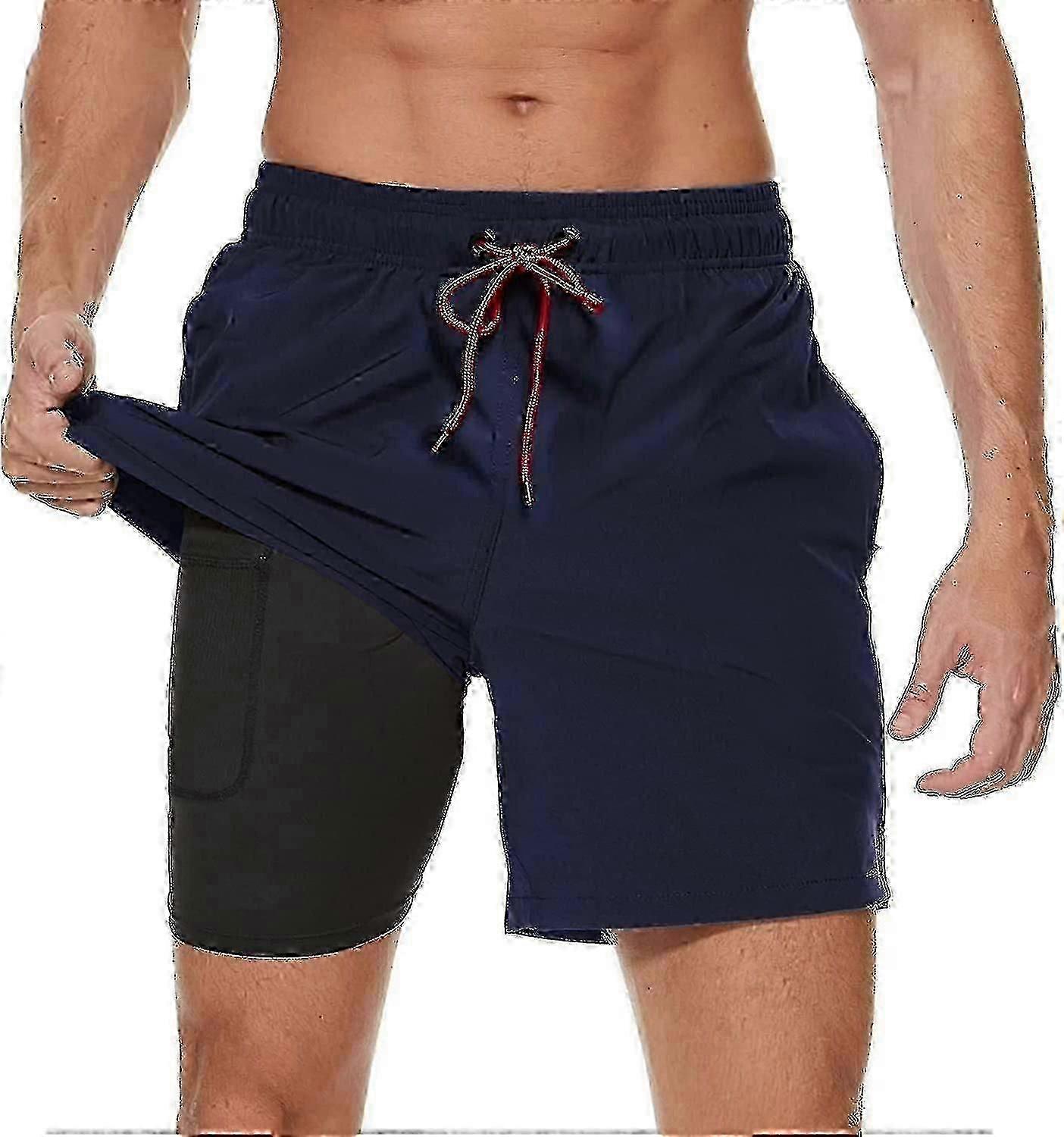 Men's Swim Trunks With Compression Liner 2 In 1 Quick Dry Mens Swim Shorts With Boxer Brief Lined Surfing Stretchy Beach Shorts