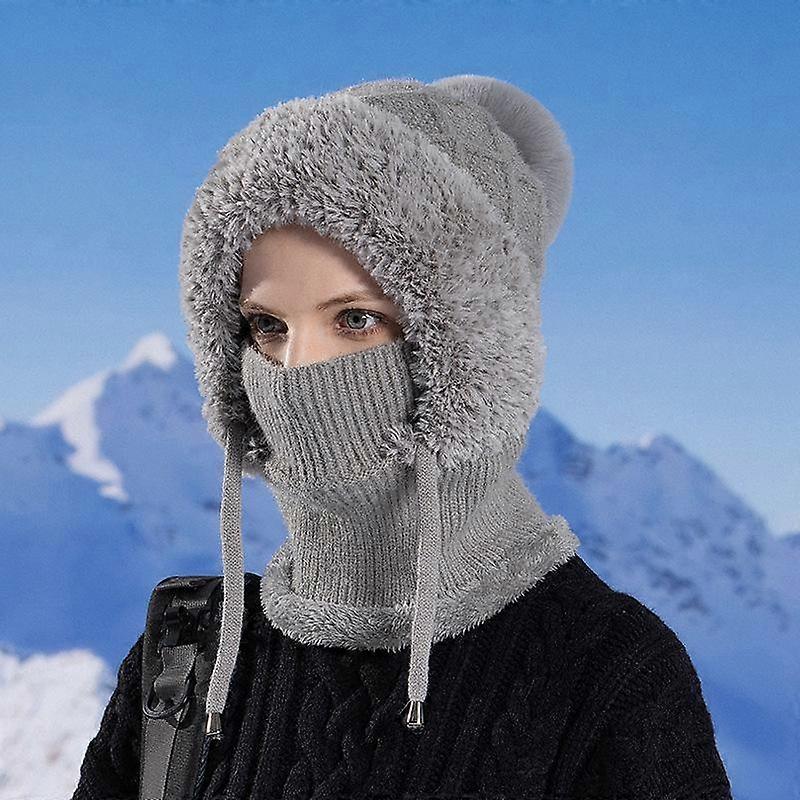 Winter Fleece-Lined Knitting Woolen Cap Women's Earflaps Cap Mask Scarf