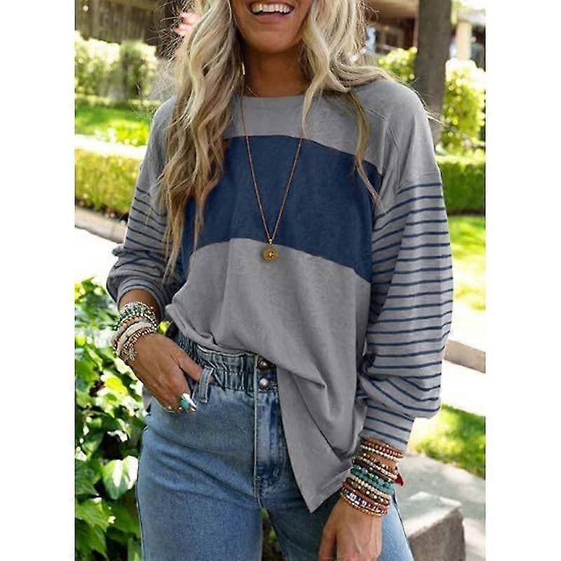 Women's Blouse Round Neck Striped Patchwork Split Long Sleeve Casual Top