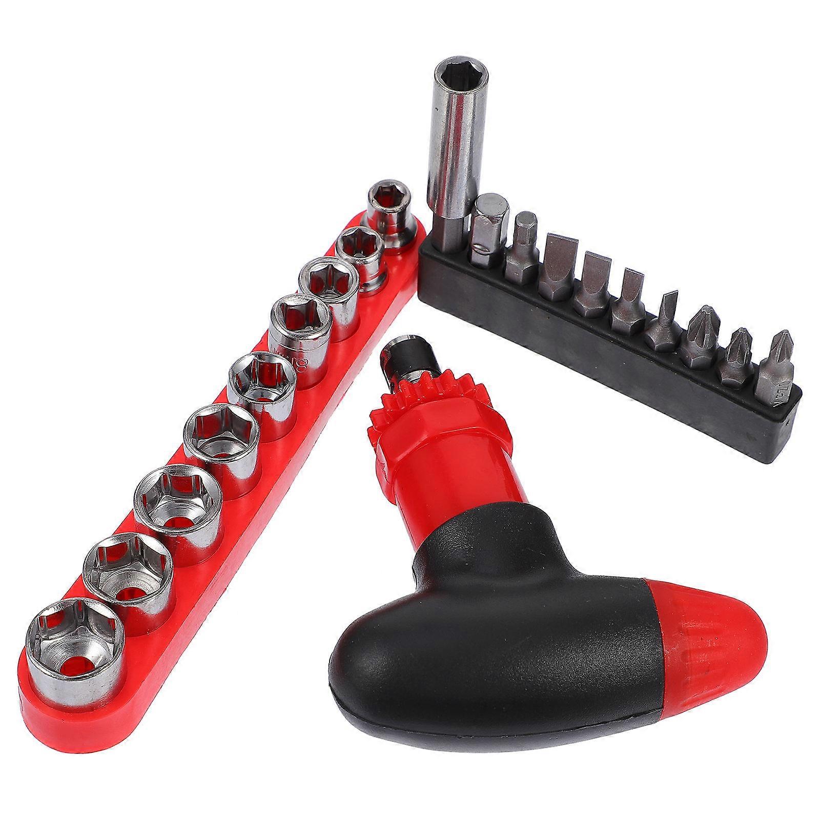 Ratchet Screwdriver Set Made of ChromeVanadium Steel for Home Repair with Red Plastic Handle