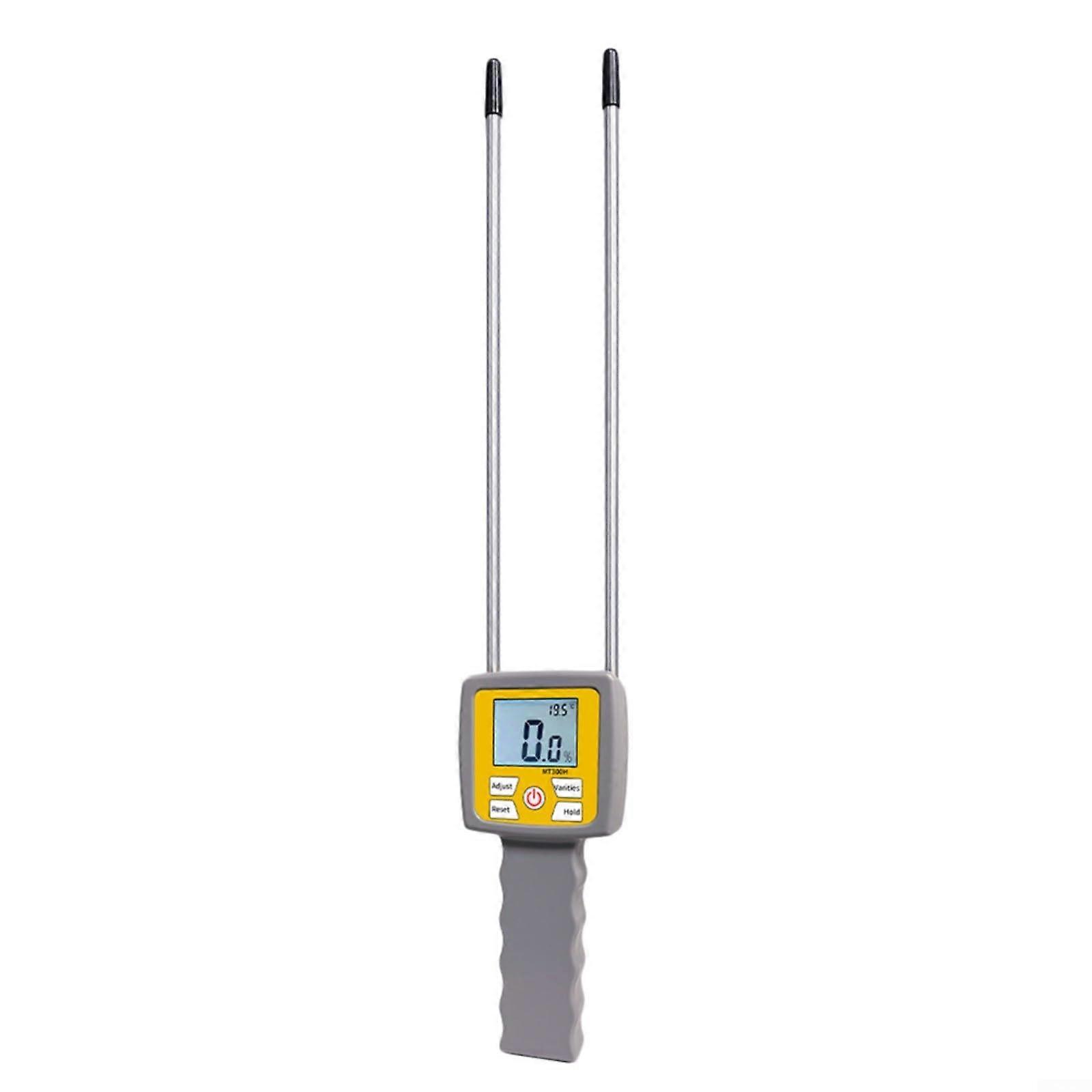 Digital moisture meter with two probe sensors for grass straw bran, measuring range 0–80%, LCD display with backlight, includes storage bag.