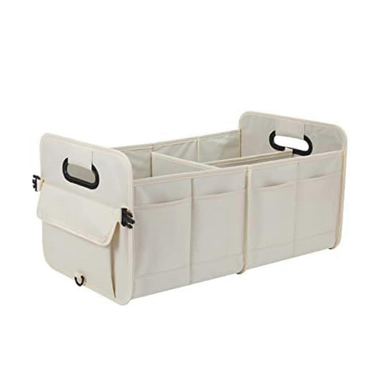 Car Boot Organiser Portable Foldable Waterproof Oxford Fabric Bag With 3 Compartments Beige Handle For SUV Truck Van