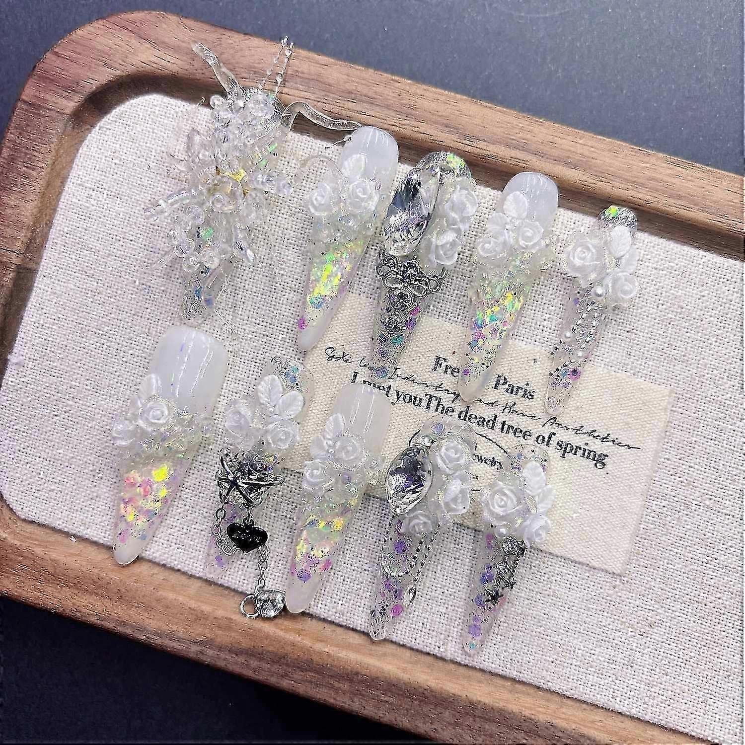 White Camellia Press on Nails Handmade Quicksand Butterfly